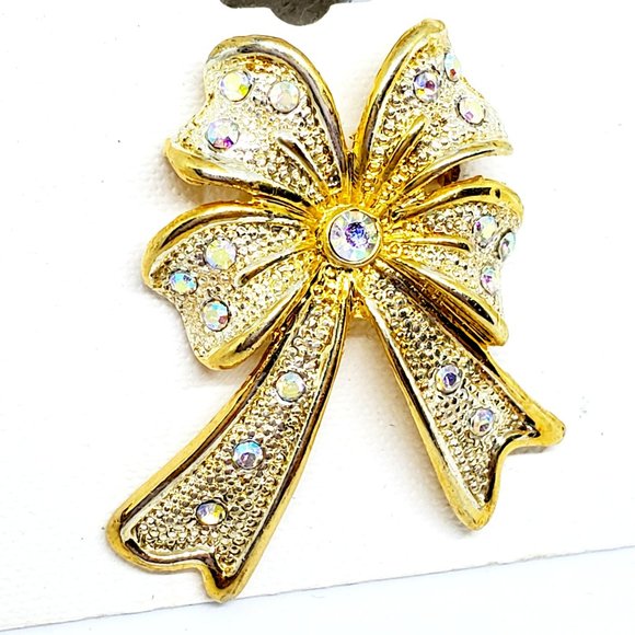 Vintage Holiday Rhinestone Bow Pin Brooch Gold & Silver Christmas Holiday - NOS - Picture 2 of 6